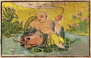 Matchboxes: Old Japanese Matchbox label with a man sitting on a turtle