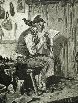 Snuff: Old man reading the newspaper. Engraving. 19th century. Spai