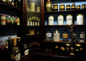 Drugs: Old pharmacy. Reproduction of an ancient laboratory. Pharmac