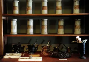 Drugs: Old pharmacy. Reproduction of an ancient laboratory. Pharmac
