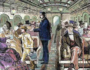 Waggon: Old railroad car. Inside view with passengers. United States