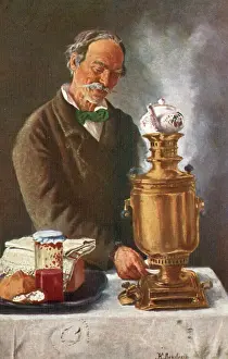 Samovar: Old Russian man with samovar