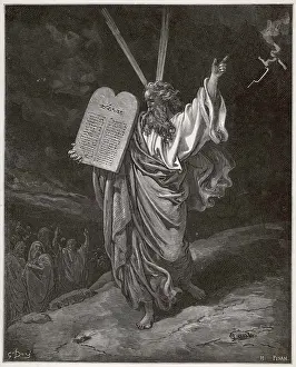 Descends: Old testament Bible scene: Moses and the ten commandments