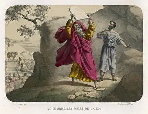 Destroys: Old testament Bible scene: Moses and the ten commandments