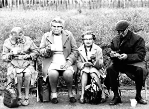 Middle Aged: Four older people on chairs having a picnic