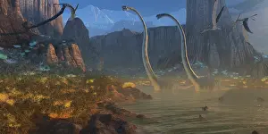 Inlet: Two Omeisaurus dinosaurs crossing an inlet with flying ?