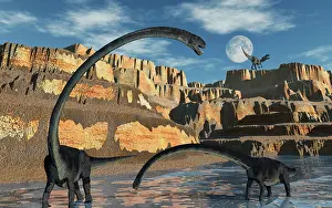 Plateau: Omeisaurus dinosaurs being stalked by a carnivorous predator