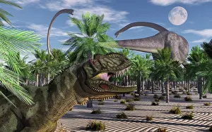 Roaming: Omeisaurus dinosaurs being stalked by a Yangchuanosaurus