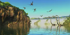 Ravine: Omeisaurus dinosaurs wade in a river as Dimorphodon's fly ?