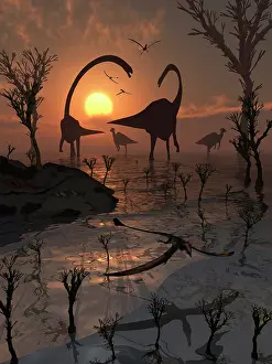 Omeisaurus: Omeisaurus and duckbill dinosaurs co-existing side by side