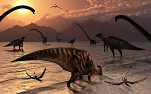 Omeisaurus: Omeisaurus and Parasaurolphus dinosaurs gather together
