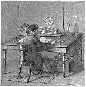 Operator: Operator sending a message on a Morse electric