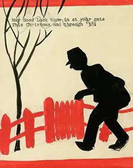 Typewritten: Original Artwork - Christmas card design - Postman at gate