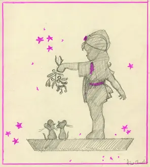 The Iris Chick Collection: Original Artwork - Holding mistletoe above two mice
