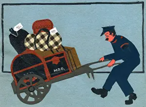 Varnished: Original Artwork - Railway porter with laden trolley
