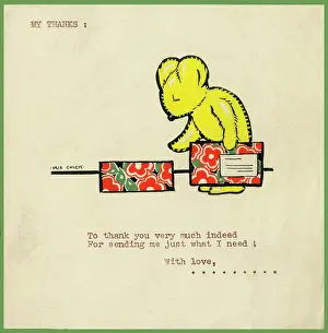 Typewritten: Original Artwork - Thank you card - Teddy bear and gift box