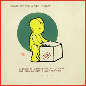 Typewritten: Original Artwork - Thank you card - Teddy bear opens box