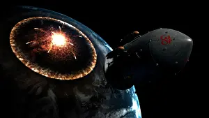 Smashing: Orion-drive spacecraft leaving Earth impacted by a comet