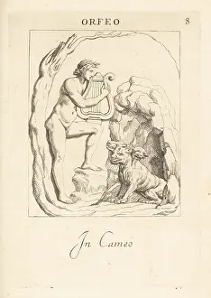 Cerberus: Orpheus playing his lyre to Cerberus at the entrance