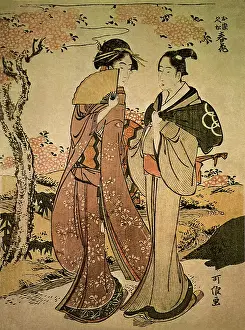 Clasp: Osome and Hisamatsu Under Cherry Tree, by Hokusai