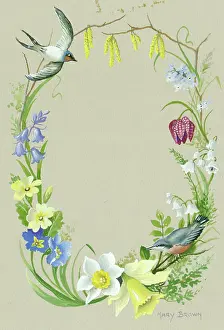 Nuthatch: Oval design with birds and flowers
