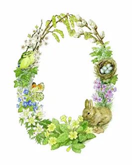 Catkins: Oval Easter Border with Rabbit