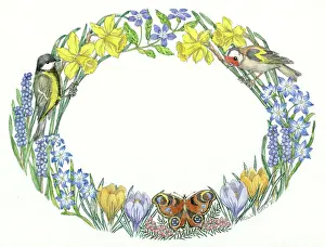 Medici Society (molly Brett): Oval Easter design of daffodils, crocuses, birds and butterf