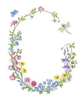 Fuchsia: Oval of flowers with blue butterfly and dragonfly