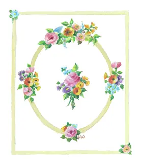 Marigolds: Oval frame with sprays of roses, marigolds etc