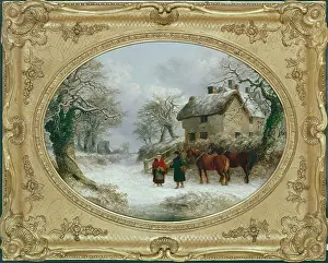 Smythe: Oval Snow Scene ' with two figures and horses