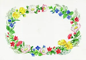 Buttercups: Oval wreath of assorted flowers