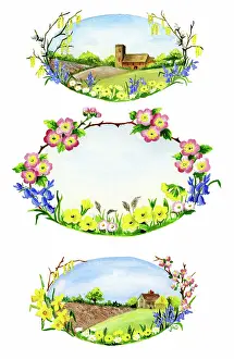 Ockenden: Ovals with spring flowers and church
