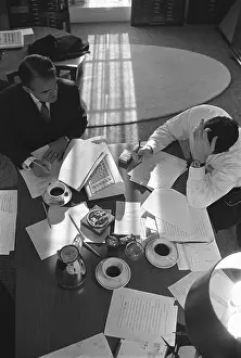 Ashtrays: Overhead view of Jack Valenti and Joseph ?