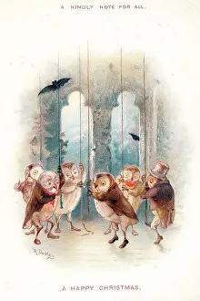 Ringers: Six owl bellringers on a Christmas card