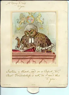 Lawcourt: Owl dressed as a judge on a Christmas card