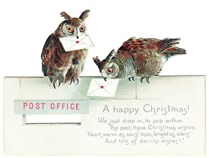 Beaks: Two owls on a Christmas card