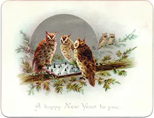 Chessboard: Three owls on a New Year card