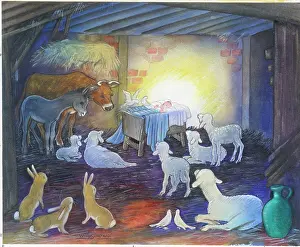 Schermele: Ox, ass, lambs and rabbits beside the holy crib