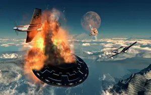 Destroy: P-51 Mustangs attacking a flying saucer