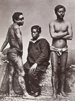 Tahiti: Pacific Islands, Oceania: three men, one with tattoos