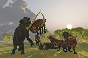 Mastodon: A pack of Saber Tooth Cats attack a small Woolly Mammoth