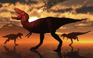 Tyrannosaurus: A pack of T-rex dinosaurs witness a falling asteroid