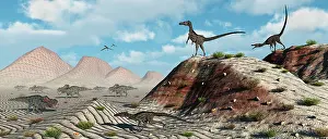 Overlooking: A pack of velociraptors stalking a herd of Protoceratops