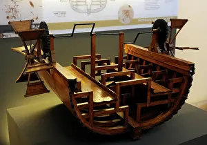 1490: Paddle boat. Study by Leonardo da Vinci, 15th century. Mode