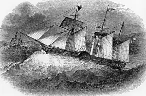 Riverboat: Paddle steamer at sea, around 1850