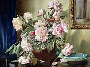 Byatt: Paeonies ? with flat ceramic dish