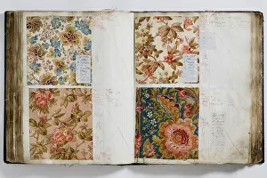 Calico: Pages from a book of textile samples, annotated by hand with
