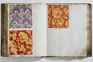 Calico: Pages from a book of textile samples, annotated by hand with