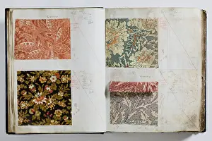 Calico: Pages from a book of textile samples, annotated by hand with