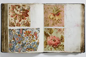 Calico: Pages from a book of textile samples, annotated by hand with